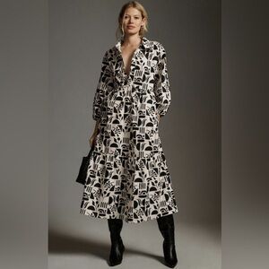Anthropologie | Maeve Bettina tiered shirt dress in black motif size small